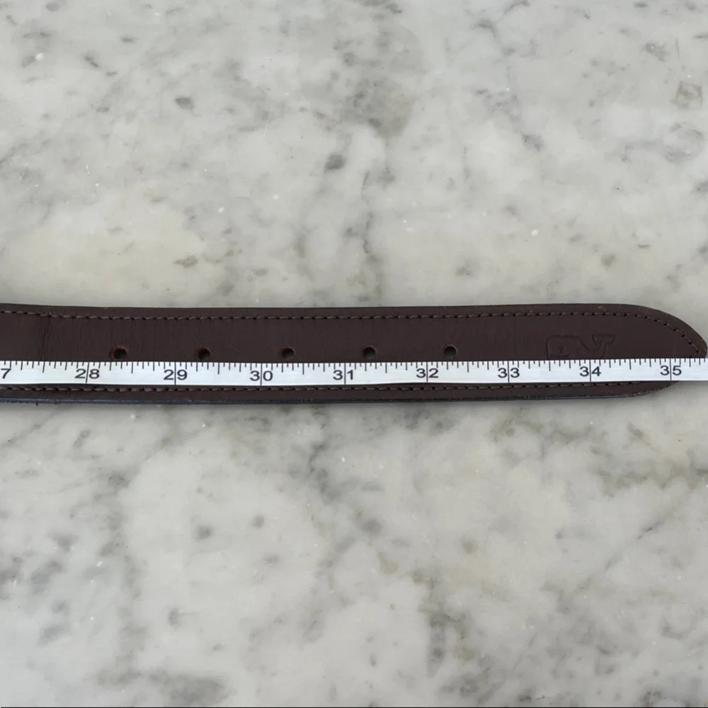 VINEYARD VINES Men's Ski Print Blue Brown Leather Canvas Belt Gold Buckle 30